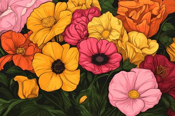 Wall Mural - A flower bouquet with thick black outlines and vibrant, clashing colors