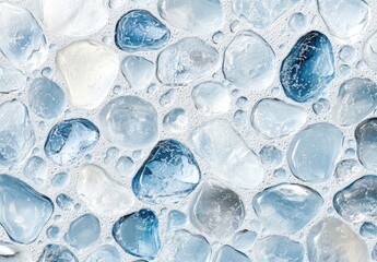Poster - A Close-Up View of Various Smooth Pebbles with Blue and Clear Colors Resting on a Light Background, Perfect for Natural Textures and Decorative Designs