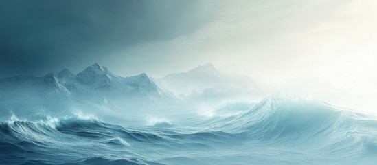 Poster - tranquil seascape illustration with flowing blue waves and misty mountains in the background, soft l