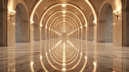 Aufkleber - Modern architectural hall with elegant arches and reflective marble floor illuminated by warm lights. Generative AI