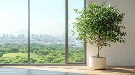 Poster - Modern interior with a large potted tree near a panoramic window overlooking a green landscape. Generative AI