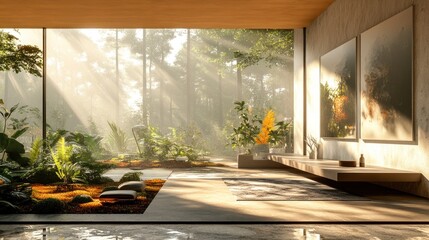 Poster - Modern interior design featuring lush greenery and natural sunlight in a serene setting surrounded by nature. Generative AI
