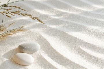 Poster - Soft windblown sand patterns in beige tones create a tranquil atmosphere, complemented by scattered grasses and smooth stones, ideal for relaxation and contemplation