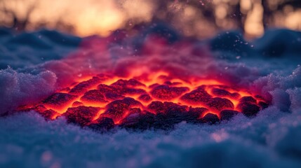 Poster - Glowing lava peeks through snow at dusk, creating a unique contrast in nature's elements. Generative AI