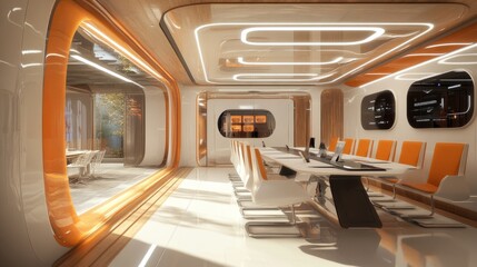 Poster - Command center with a futuristic conference room, 3D rendering showcasing cutting-edge technology and design.