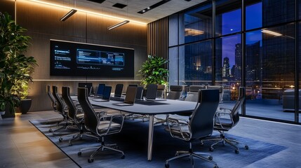 Poster - Command center with a futuristic conference room, 3D rendering showcasing cutting-edge technology and design.