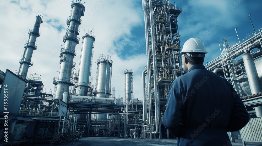 Refining Engineer A process engineer overseeing chemical production in a refinery, with ...