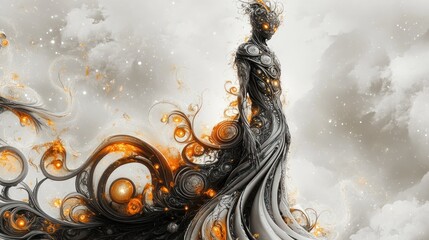 Poster - Mystical figure with intricate patterns and glowing elements in a surreal cloudy backdrop. Generative AI