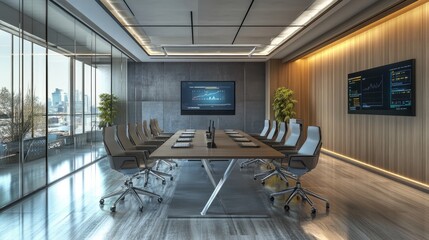 Poster - Command center with a futuristic conference room, 3D rendering showcasing cutting-edge technology and design.