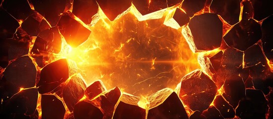 Fototapete - Fractured Energy Void Radiating Warm Orange and Bright Yellow Light with Abstract Textured Background and Space for Copy in Center