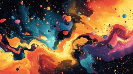 Poster - Vibrant cosmic abstract artwork showcasing colorful swirls and shapes in a dark background. Generative AI