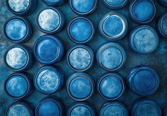 Poster - Aerial View of Blue Glass Jars with Metallic Lids on a Textured Surface, Perfect for Unique Design, Food Photography, or Vintage Aesthetic Projects