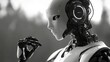 © Khaisan - A sleek humanoid robot with a white face and dark metallic limbs gazes down at its hand