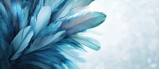 Poster - Blue Feather Crown with Spiritual Neo Realism Elements on Soft Textured Background and Empty Copy Space for Text Integration
