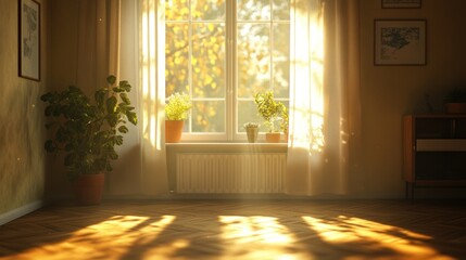 Aufkleber - Warm sunlight streams through a window illuminating a cozy room with potted plants. Generative AI