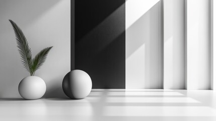 Poster - Modern interior design featuring minimalist decor with round planters and dramatic lighting. Generative AI