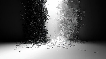 Fototapete - Broken fragments of black and white converging in an abstract light-filled space. Generative AI