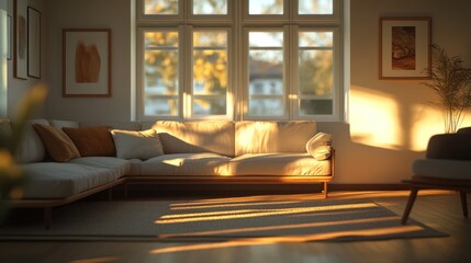 Aufkleber - Cozy living room bathed in warm sunlight with a view of autumn trees outside. Generative AI