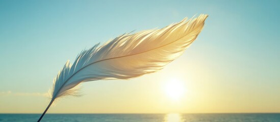 Poster - Delicate white feather pennant gracefully swaying in the soft ocean breeze against a serene pastel sky at sunrise with ample copyspace for text.