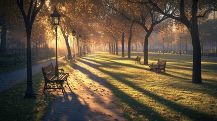 Poster - Warm golden sunlight filters through autumn trees along a serene park pathway with benches. Generative AI