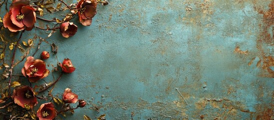 Poster - Rustic Floral Background with Red Flowers and Textured Turquoise Surface for Creative Copy Space