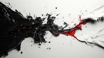 Poster - Dynamic interplay of black, white, and red paint abstractly merging on a smooth surface. Generative AI