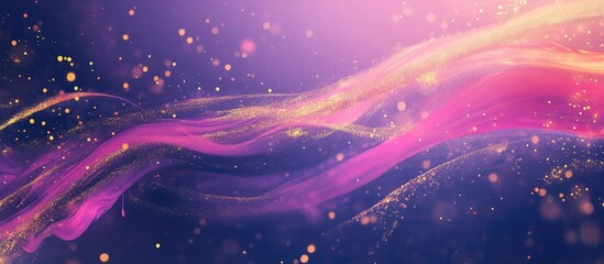 Poster - Fluid Acrylic Artwork in Vibrant Neon Pink and Purple Tones with Golden Sparkles Against a Deep Purple Background and Clear Copy Space for Text