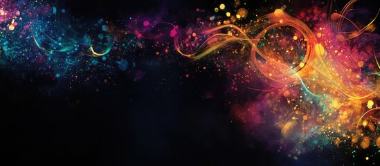 Poster - Multicolored swirling fluid patterns in blue, orange, and purple on a dark background with ample copy space for text, ideal for design use.