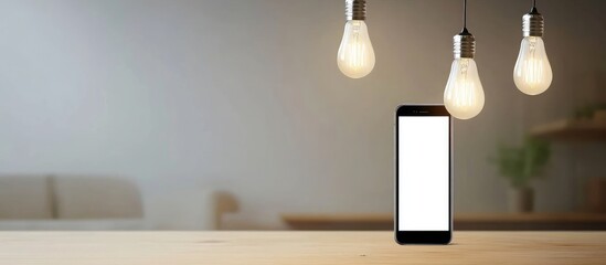 Poster - Modern Home Lighting Solutions Featuring Smart Wi-Fi LED Bulbs on a Wooden Table with Mobile Device Displaying App Controls and Soft Gray Background