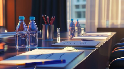 Poster - Meeting room in a hotel, arranged for a seminar with plastic water bottles, drinking glasses, pencils, and white papers on the tables.