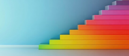 Poster - Colorful gradient staircase representing energy efficiency and savings against a soft blue wall with ample empty space for text.
