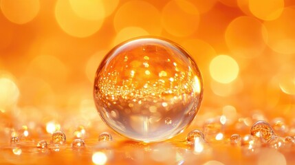 Poster - Warm Orange Bokeh Background Featuring Shiny Transparent Sphere with Circular Lights Creating a Vintage Rustic Atmosphere in Soft Minimal Design