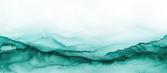 Poster - fluid art painting with green ocean tones abstract landscape and light copy space for text in horizo