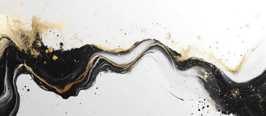Poster - Fluid Art Abstract Canvas with Black White and Gold Wave Textures on White Background with Empty Copy Space for Text