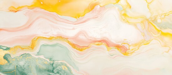 Poster - pastel fluid art texture with abstract swirls in soft yellow pink and green tones on light backgroun