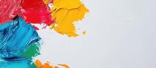 Poster - Colorful fluid art texture with vibrant mixed paint hues of red, yellow, blue, and green against a clean white background for customizable text area