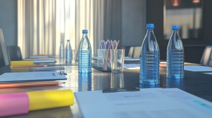 Poster - Professional meeting setup in a hotel conference room, with plastic water bottles, drinking glasses, pencils, and white papers on the table.