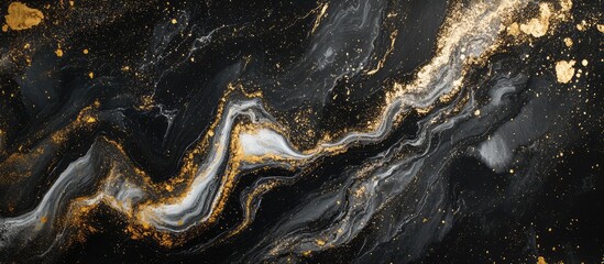 Poster - Abstract Fluid Art in Black and Gold Marble Texture with Acrylic Color Mix and Empty Copy Space for Text in Landscape Orientation