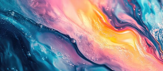 Poster - Abstract Colorful Fluid Design Featuring Swirls of Blue, Pink, and Orange with Bubbles, Ideal for Text Overlay and Marketing Use