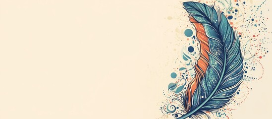 Poster - Colorful Feather Illustration with Decorative Swirls and Doodles on Soft Beige Background with Empty Space for Text and Design Elements