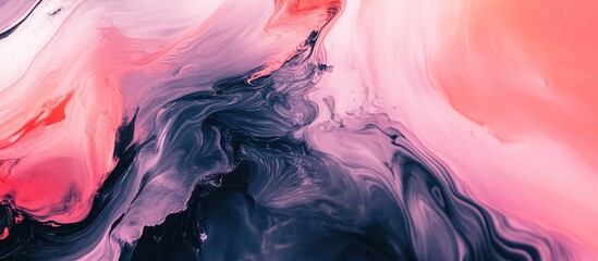 Poster - Abstract Fluid Color Mix with Black Waves on Smooth Pink and Blue Background Ideal for Presentations Featuring Empty Text Space