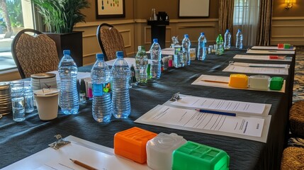 Poster - Seminar setup in a hotel conference room, with plastic water bottles, drinking glasses, pencils, and white papers on the table for participants