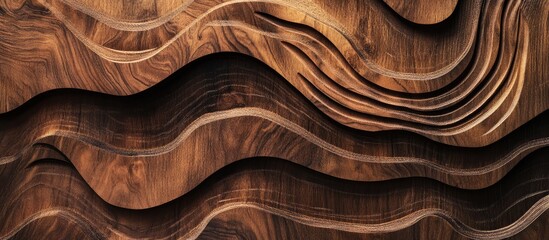 Poster - Exotic wooden wall panel with rich brown textures and flowing patterns creating a warm background for design space and text placement.