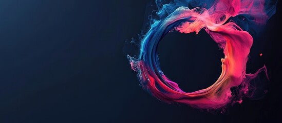 Poster - Colorful Abstract Fluid Paint Swirl in Circular Motion on Dark Background with Empty Space for Copy in Vibrant Blue and Pink Hues