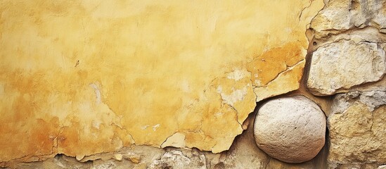 Poster - yellowish cracked sandstone wall fragment with heavy round stone and empty text space for conceptual