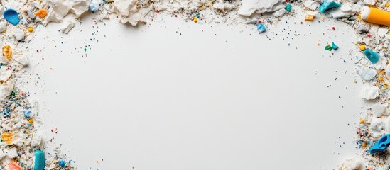Poster - microplastic debris and textured white surface with vibrant color accents and empty center for text 