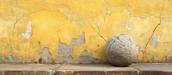 Poster - weathered yellow sandstone wall fragment showcasing a cracked texture with a prominent heavy round s