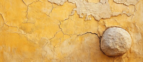 Poster - textured yellow sandstone wall fragment featuring a prominent cracked surface and heavy round stone,