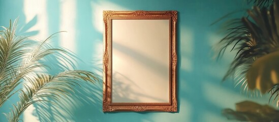 Poster - Elegant vintage frame mockup on teal wall with tropical foliage casting shadows and ample blank space for text insertion.