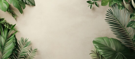 Poster - elegant frame mockup surrounded by lush greenery on soft neutral wall with ample space for text and 